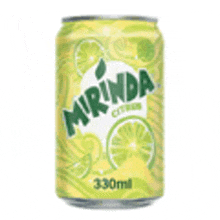 a can of mirinda citrus soda with lemons and limes on it on a white background .