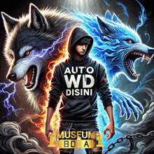 a man with a hoodie that says auto wd disini is surrounded by two wolves