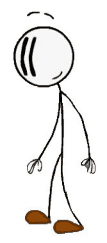 a stick figure with a ball on his head and brown legs is standing on a white background .