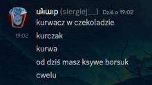 a screenshot of a text message between kurwa kurczak and cwelu