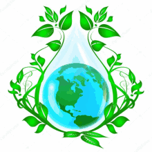 a drop of water with a globe inside and green leaves around it