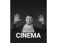 a black and white photo of a man with the words absolute cinema behind him