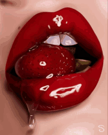 a close up of a woman 's red lips with a strawberry in them