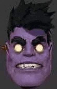 a close up of a purple man 's face with glowing eyes and a bullet sticking out of his nose .