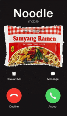 a package of samyang ramen being called on a phone