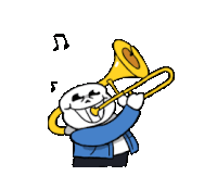 a cartoon character is playing a trombone with music notes behind him .