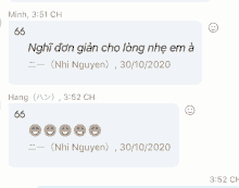 a screenshot of a text conversation between minh and hang