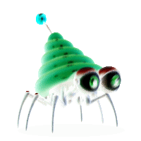 a cartoon spider with green eyes and a green cone on its head