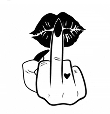 a black and white drawing of a woman giving the middle finger with her lips closed .