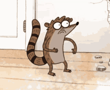 a cartoon drawing of a raccoon with big eyes standing in front of a door