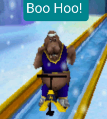 a cartoon character is riding a snowmobile with the words boo hoo on the bottom