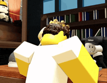 a roblox character with a crown on his head is standing in front of a bookshelf