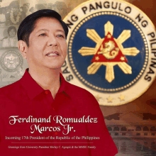 a picture of ferdinand romualdez marcos jr. in front of a presidential seal