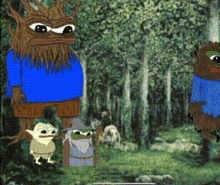 a cartoon frog with a beard and a blue shirt is standing in a forest