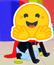 a cartoon character with a smiley face covering his face