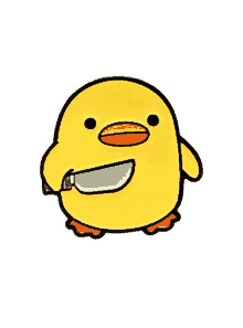 a cartoon yellow duck is holding a knife in its mouth .