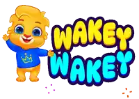 a cartoon character with a crown on his shirt stands in front of the wakey wakey logo