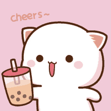 a cartoon cat is holding a cup of bubble tea and the word cheers is above it