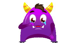 a purple monster with horns is crying and rubbing his nose