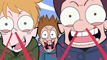 a group of cartoon characters with red lines coming out of their noses