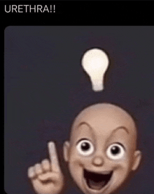 a picture of a bald baby with a light bulb above his head