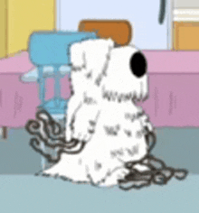 a cartoon dog is tied to a chair and sitting on the floor in a room .