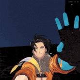 a screenshot of a video game shows a character with a blue glove on