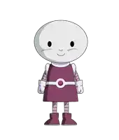 a cartoon character with a white head and a purple dress