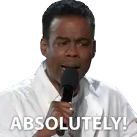 a man in a white shirt is holding a microphone and says " absolutely " on the bottom