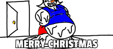 a cartoon of a snowman with a big belly and the words merry christmas on the bottom .