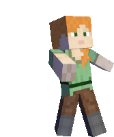 a minecraft character with a green shirt and brown pants is standing on a white background