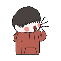 a cartoon drawing of a boy in a red hoodie covering his mouth with his hand