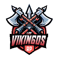 a logo for los vikingos rp with crossed axes and a spear