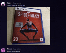 a ps5 game called spider-man 2 has a picture of spider-man squatting on the cover