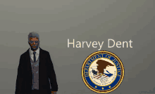 a man is standing in front of a department of justice logo