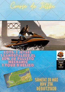 a poster for course de jetski shows a man riding a jetski