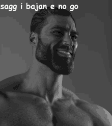 a shirtless man with a beard is smiling with the words sagg i bajan e no go below him