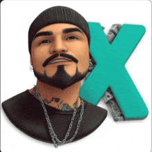 a man with a beard wearing a beanie and chains has an x behind him