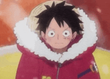 luffy from one piece is wearing a red jacket with a fur hood .