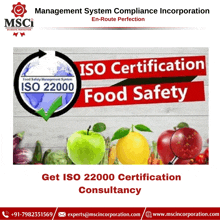 an advertisement for iso 22000 food safety certification consultancy