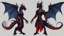 a black dragon with red wings and horns is standing on a white background