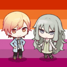 a boy and a girl standing next to each other on a rainbow background