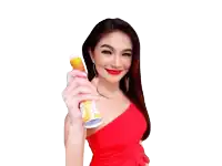 a woman in a red dress holds a bottle in front of a happy new year 2026 sign