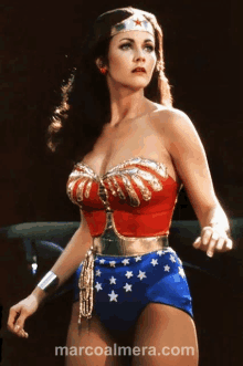 a woman in a wonder woman costume with marcoalmera.com in the corner