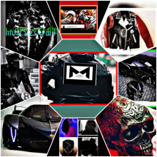 a collage of images including a black jacket with a white letter m on the back