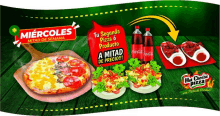 an advertisement for hi cheese pizza shows a pizza and coca cola bottles