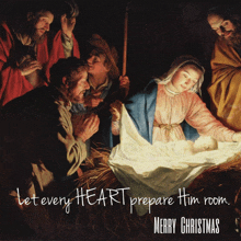 a christmas card with a nativity scene and the words let every heart prepare him room