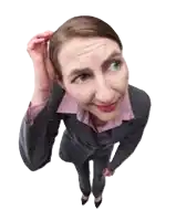 a woman in a suit is scratching her head and looking up