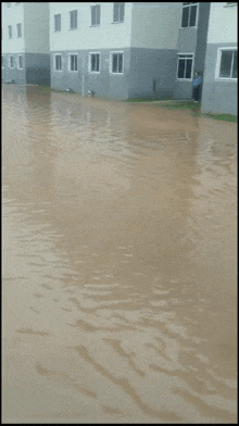 a building with a lot of windows is surrounded by flooded water