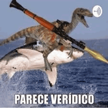 a dinosaur is riding on the back of a shark holding a gun .